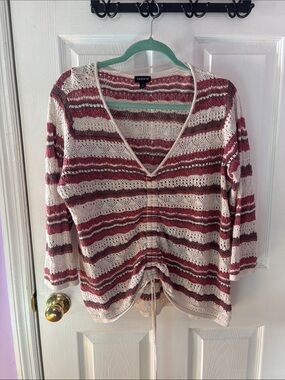torrid Cream and Burgundy Striped V-Neck Sweater